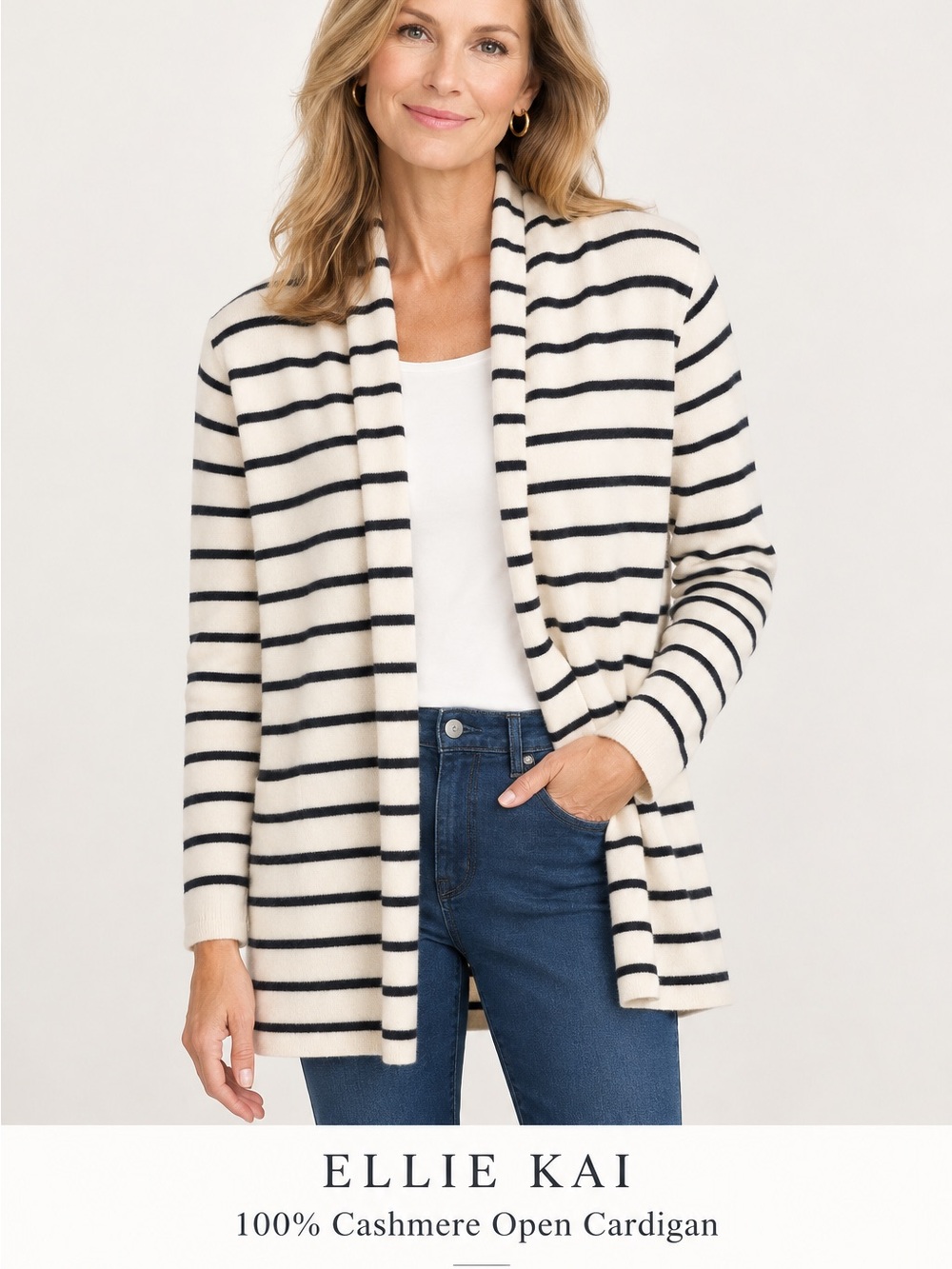 Ellie Kai 100% cashmere women’s blue and white open cardigan size L
